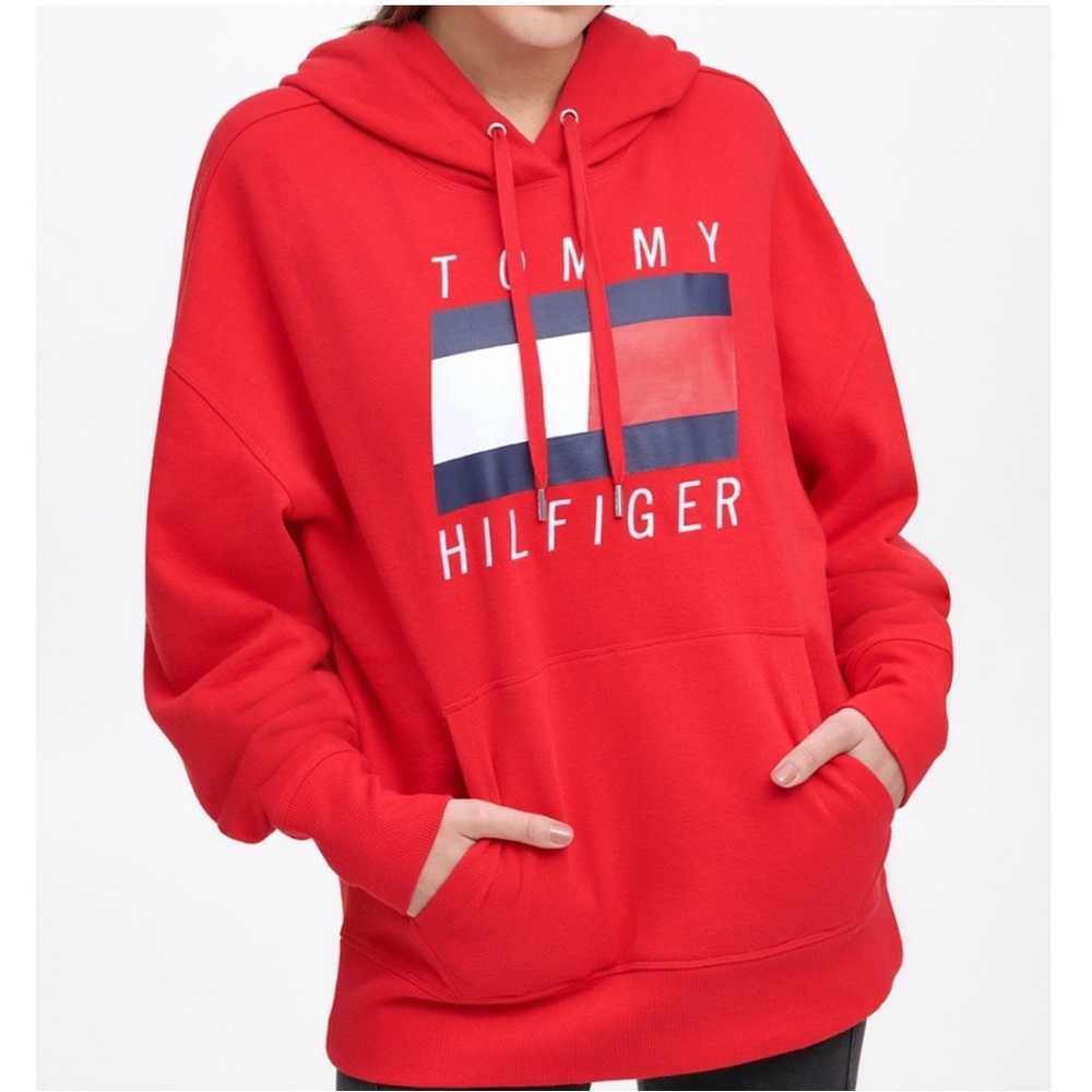 Tommy Hilfiger Red hoodie fleece logo cotton